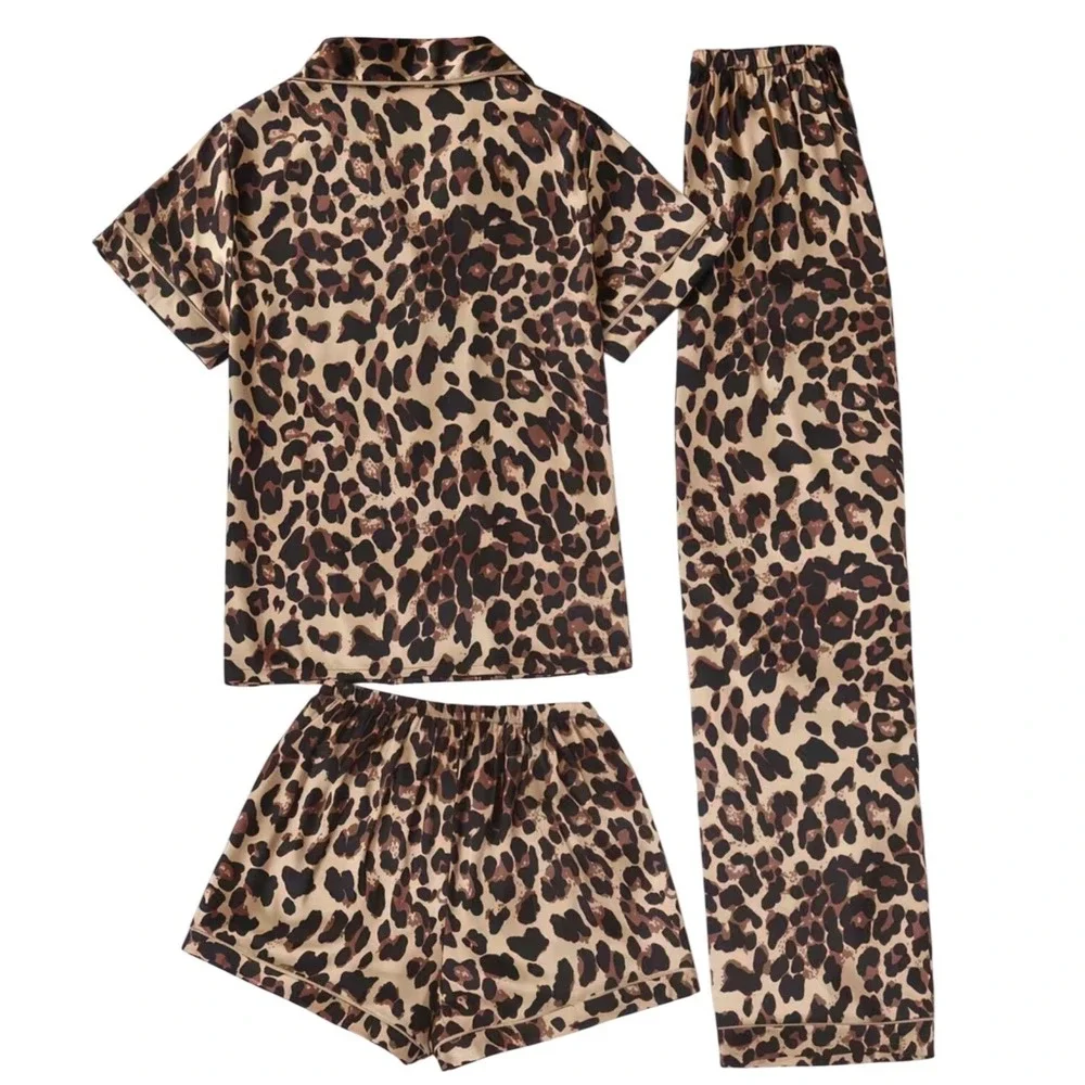 Leopard Satin 3-Piece Pajama Set XL Short Sleeve Top Shorts Pants Gold Brown